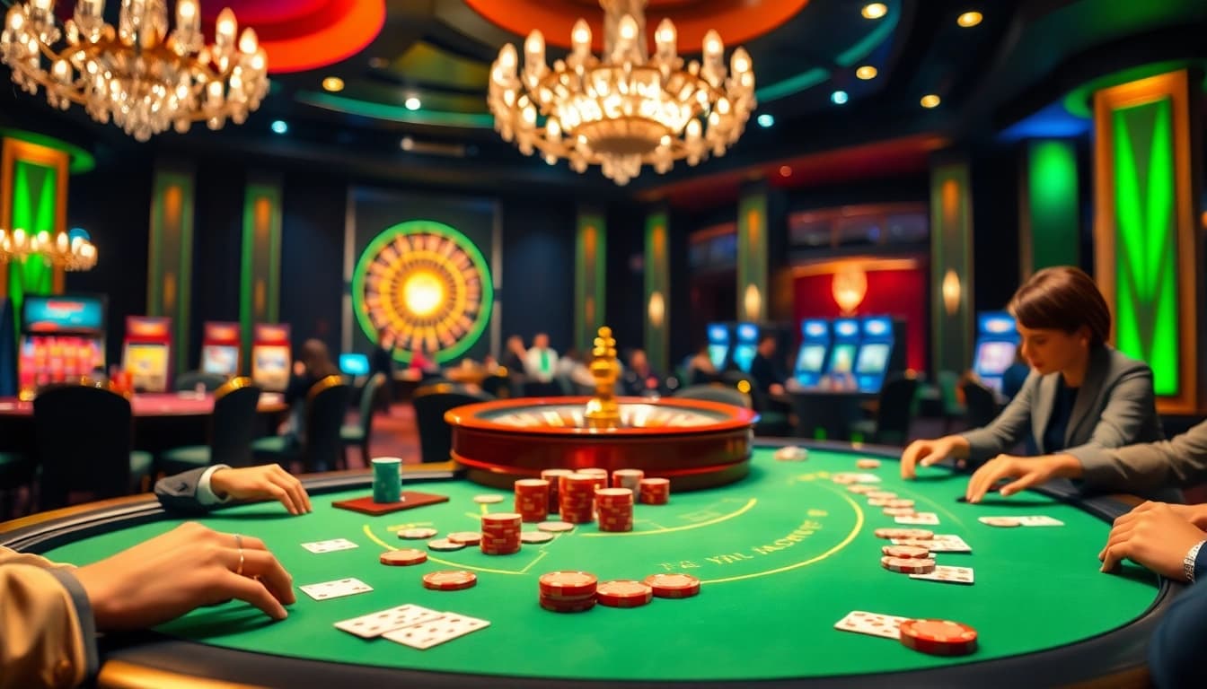 Experience the thrill of gaming with vibrant scenes at https://gg88.my/ featuring poker and roulette tables.