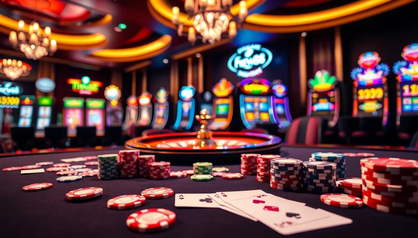 Engage with the excitement of fnew88.com at a vibrant casino table with colorful chips and cards.