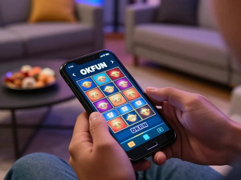 Player enjoying the OKFUN casino app on their smartphone, showcasing a vibrant mobile gaming experience.