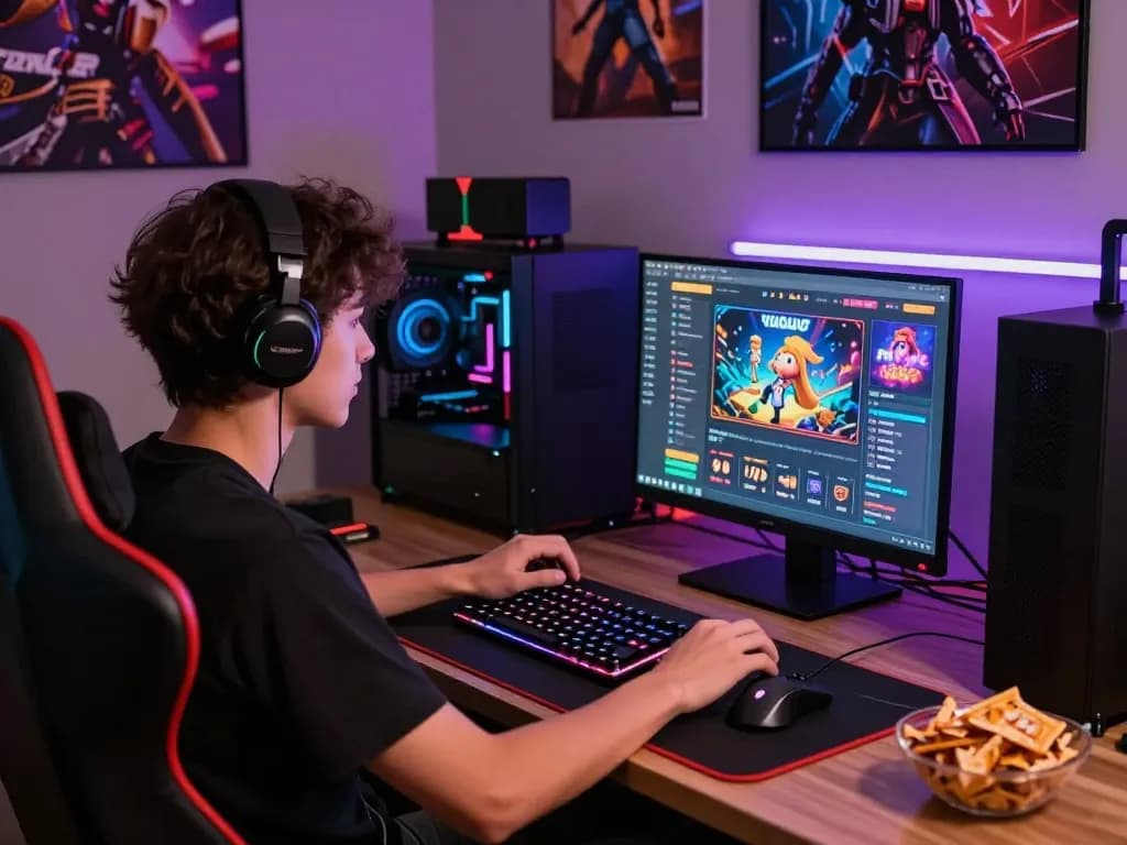 Hitclub gaming enthusiast enjoying an online casino experience with vibrant LED lights and gaming gear.