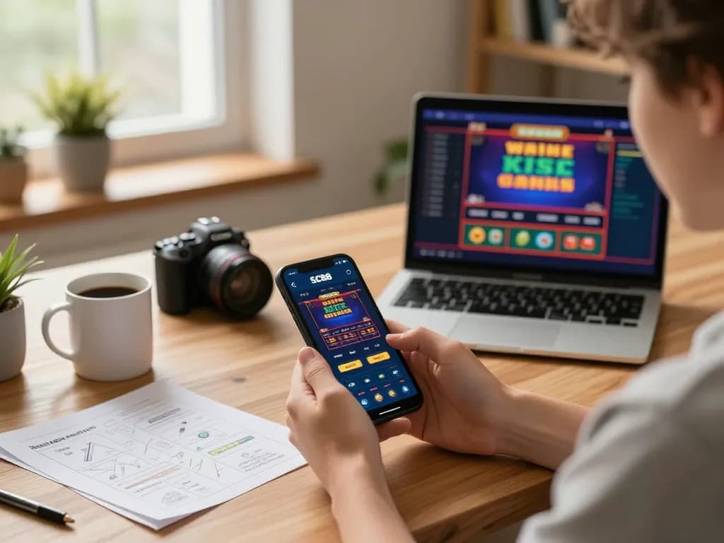 Playing SC88.games on a smartphone at home, cozy setup showcasing strategic online gambling.
