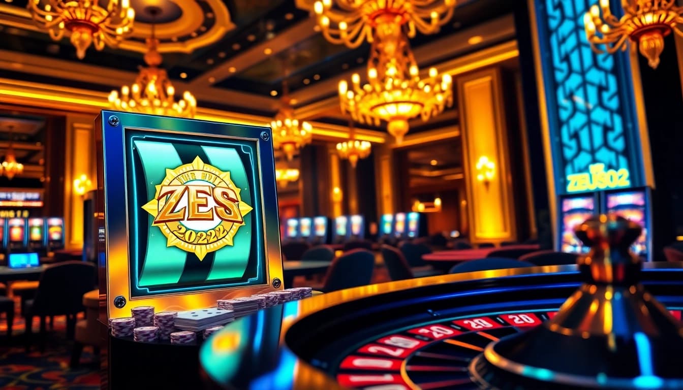 Logo ZEUS222 pada mesin slot mewah di lingkungan kasino yang dinamis.
