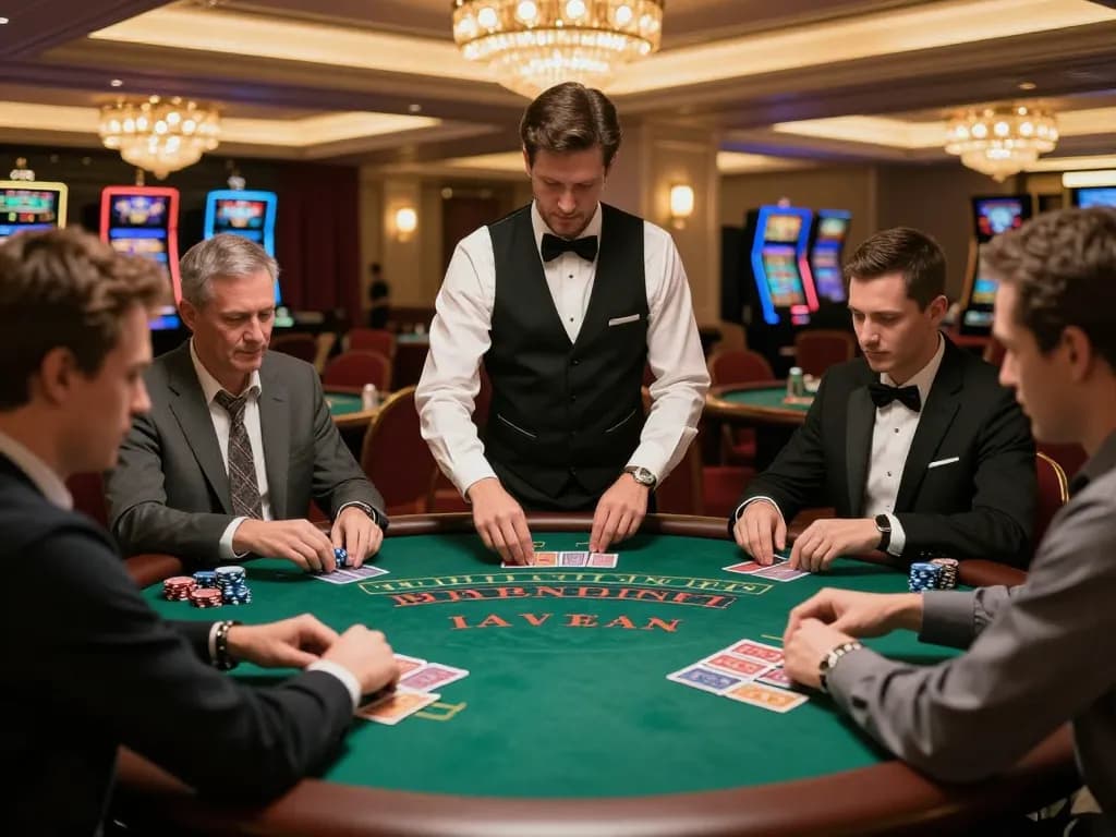 Play blackjack at 789WIN casino table with players focused on their hands and dealer showing cards.