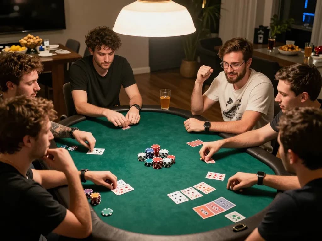 Friends enjoying an engaging poker game at home, celebrating wins together and strategizing on gameplay, featuring good88.