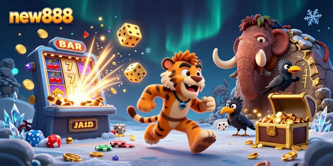 Experience excitement with new888 as a caveman and sabertooth duo run a vibrant prehistoric casino.