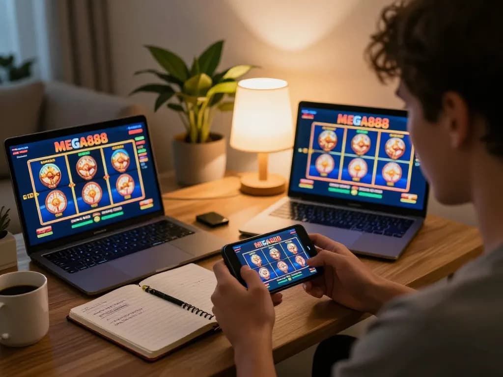 Engaging in MEGA888 online gaming on a smartphone, showcasing vibrant slot gameplay in cozy home setting.