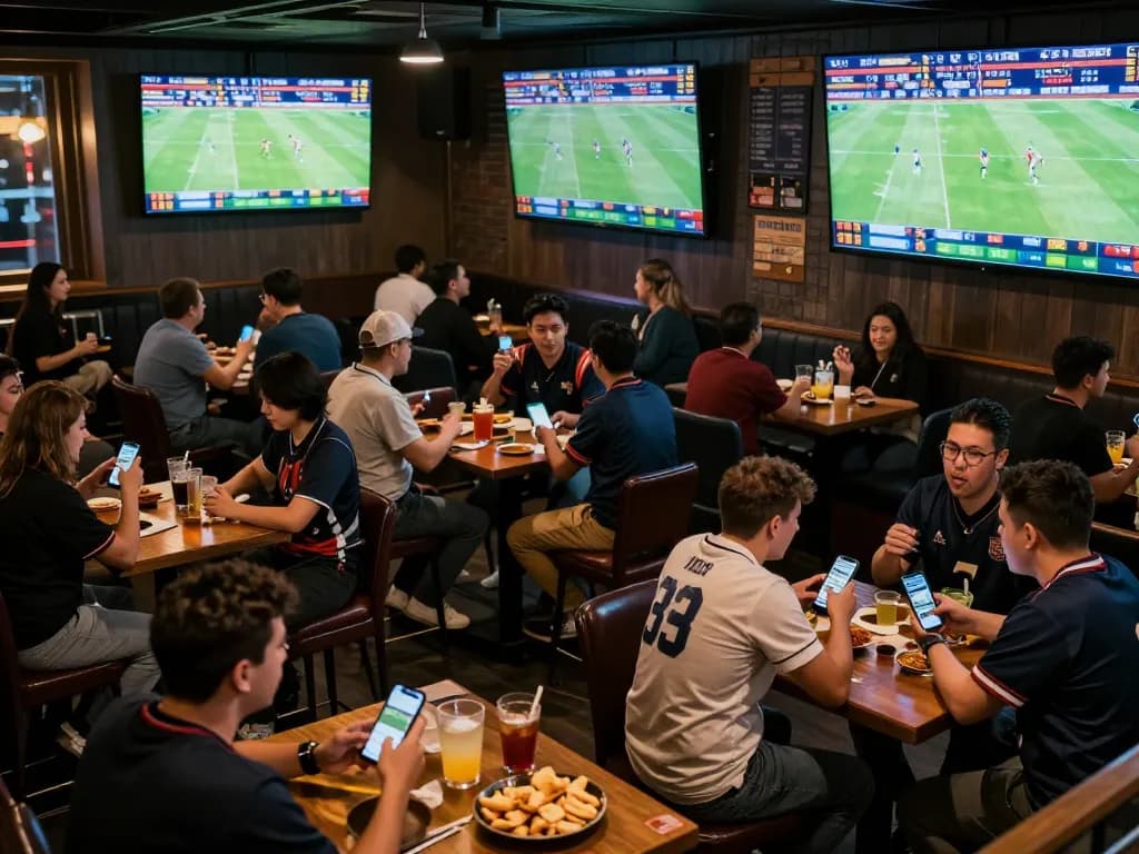 Soi Kèo enthusiasts cheering in a vibrant sports bar during live betting, capturing the excitement.