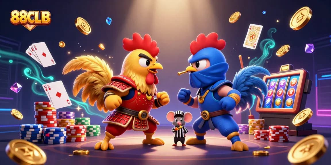 Experience the excitement of 88CLB with twin 3D roosters facing off in a dynamic casino battle.
