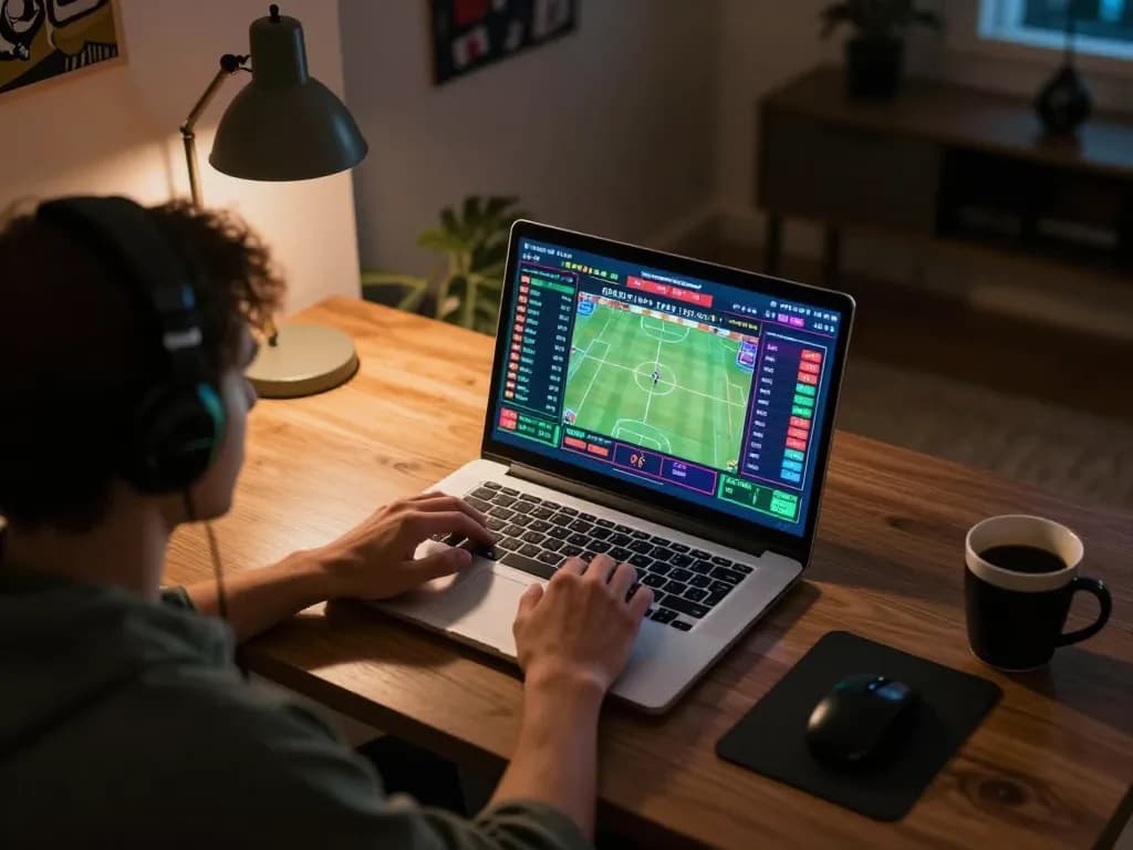 C168 user placing bets on sports from a laptop in a cozy home setting.