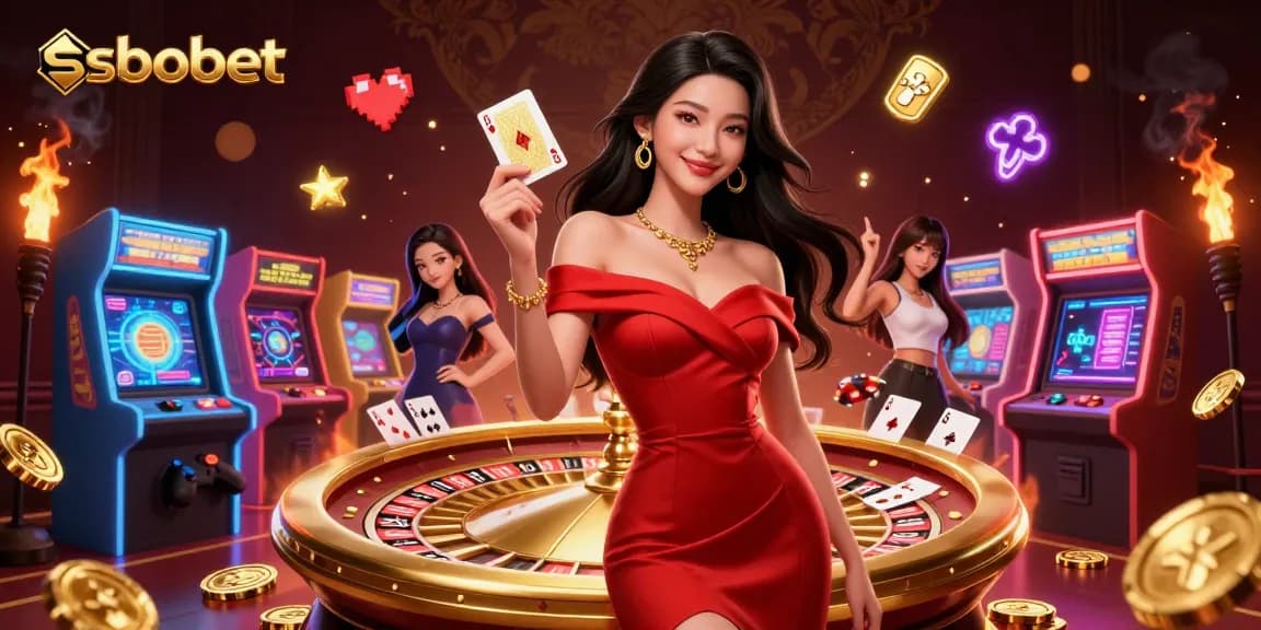 Place thrilling bets with sbobet in an elegant casino setting showcasing a confident woman and vibrant gaming elements.