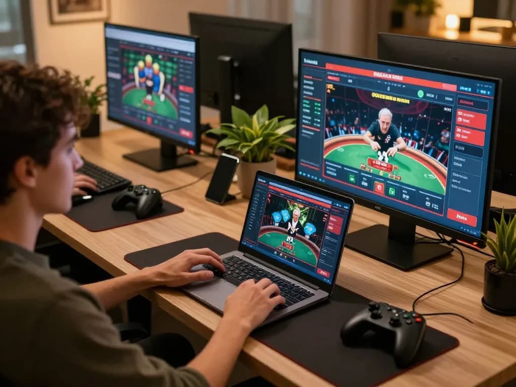 Engage in online gaming with https://saobet.deal/, showcasing a person strategically betting on poker and sports.
