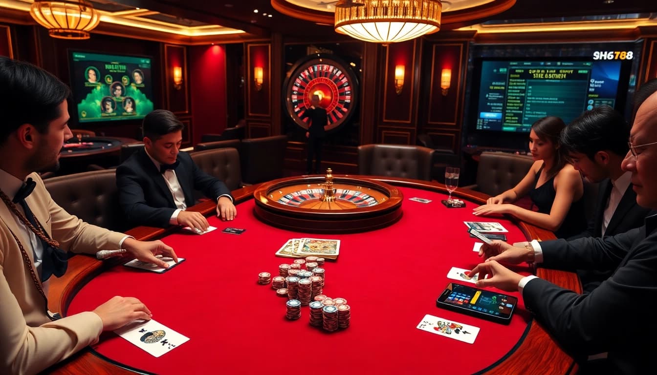 Intense poker game at dh88 casino, featuring elegant players and vibrant chips.