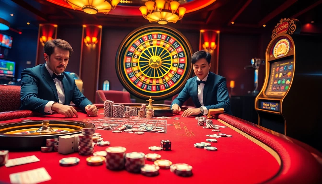 Experience the thrill of gambling at https://da88st.com/ with vibrant casino scenes showcasing poker chips and roulette.