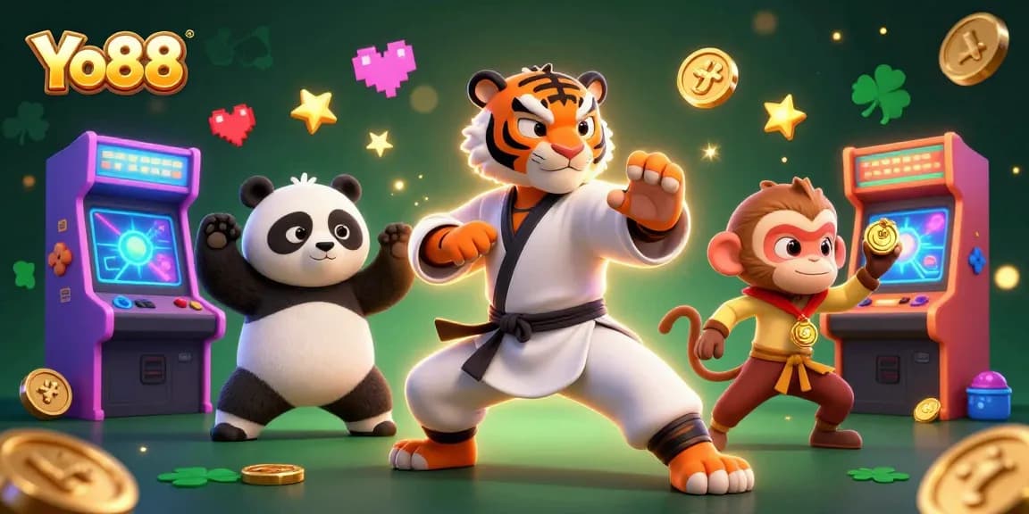 Engage with the vibrant world of Yo88, where a kung fu tiger and friends showcase gaming excitement amidst colorful casino elements.
