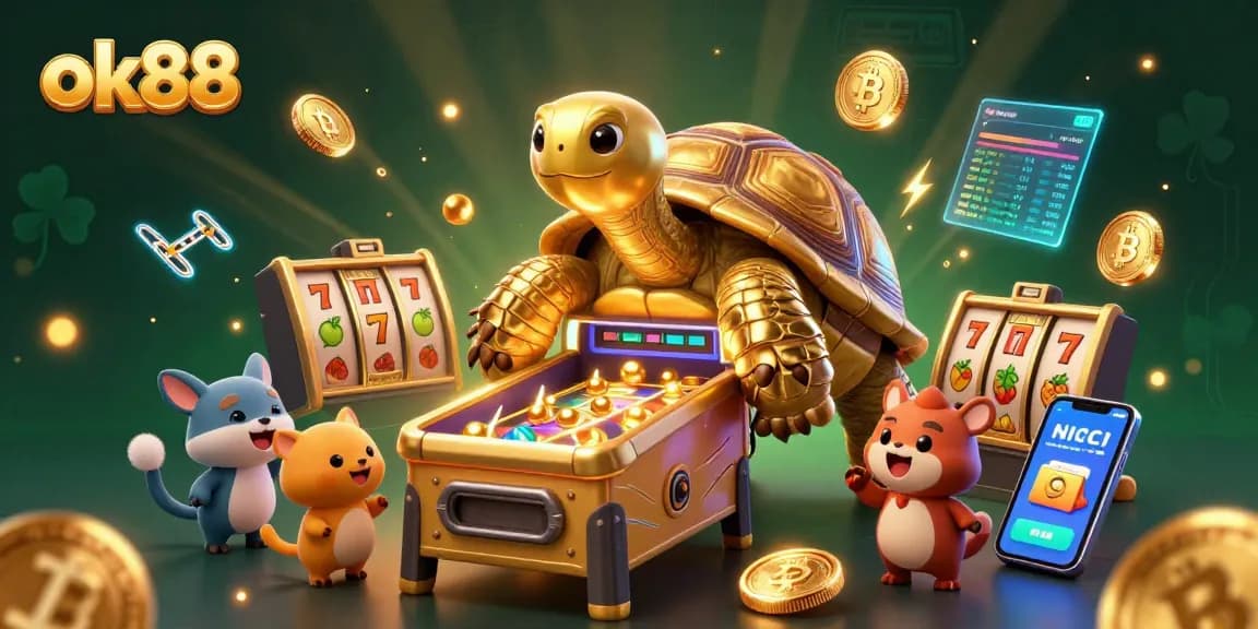Engage with ok88 gaming fun featuring a golden tortoise pinball machine scene.