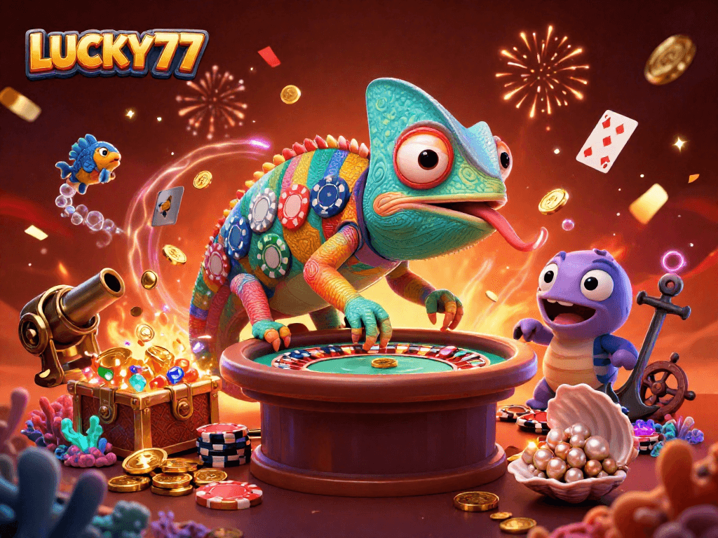 Experience the thrill of LUCKY77 with a vibrant 3D casino scene featuring a chameleon owner and treasure elements.