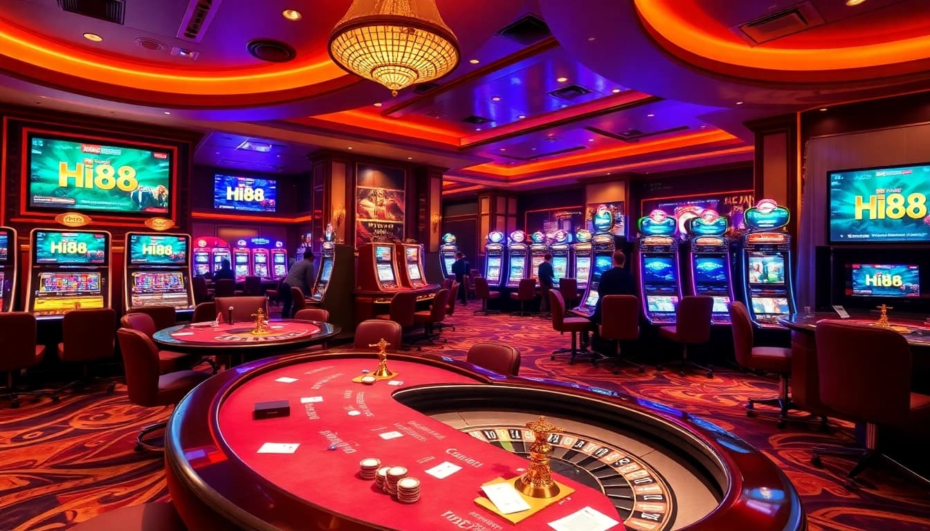 Hi88 online casino players enjoy vibrant gaming, with poker tables and slot machines.