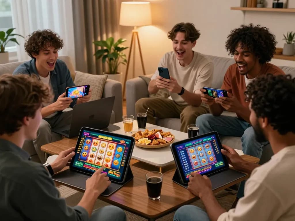 Engaging scene of players enjoying BIUSTOTO online slot games on tablets and smartphones in a cozy living room.