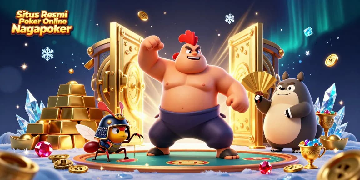 Situs Resmi Poker Online Nagapoker showcases an energetic poker scene with dynamic characters and vibrant casino elements.