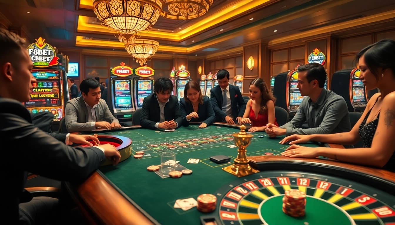Players enjoying a thrilling game at F8BET casino table showcasing luxury and excitement.