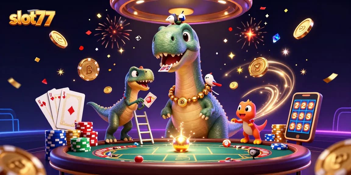 Spin to win at slot77 with an exciting 3D casino scene filled with characters and vibrant elements.