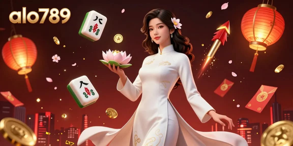 Alo789 captivatingly showcased through an elegant Asian woman in vibrant culture, betting on mahjong and celebrating with golden coins.