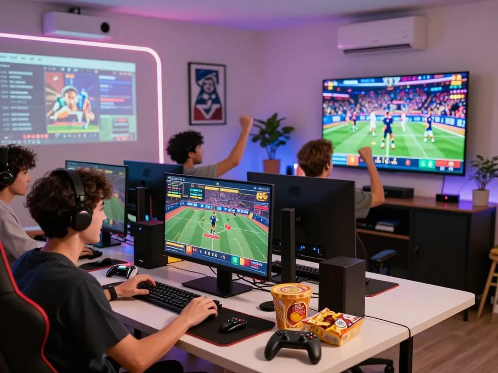 Diverse players enjoying online gaming on various devices at 88aa's modern gaming hub.