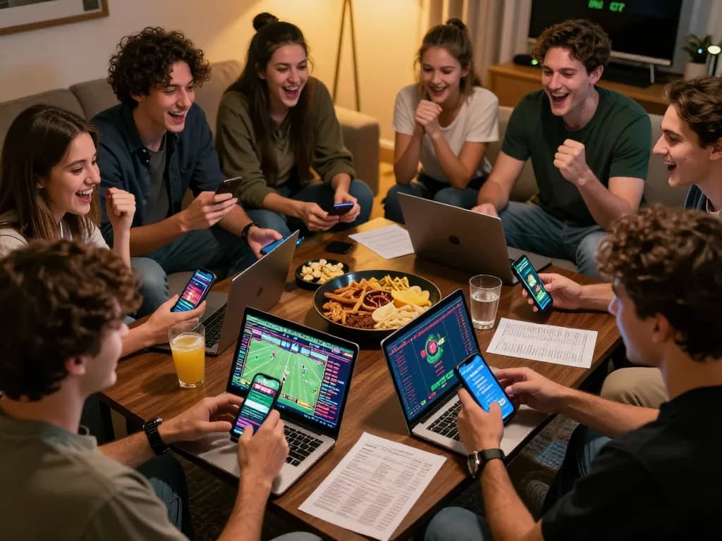 Friends intensely bet on live sports at home using 8xbet on smartphones, snacks and drinks nearby.