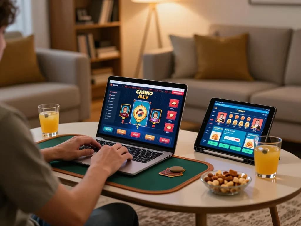 A person enjoys live dealer games at alev casino, showcasing an engaging gaming setup and cozy environment.