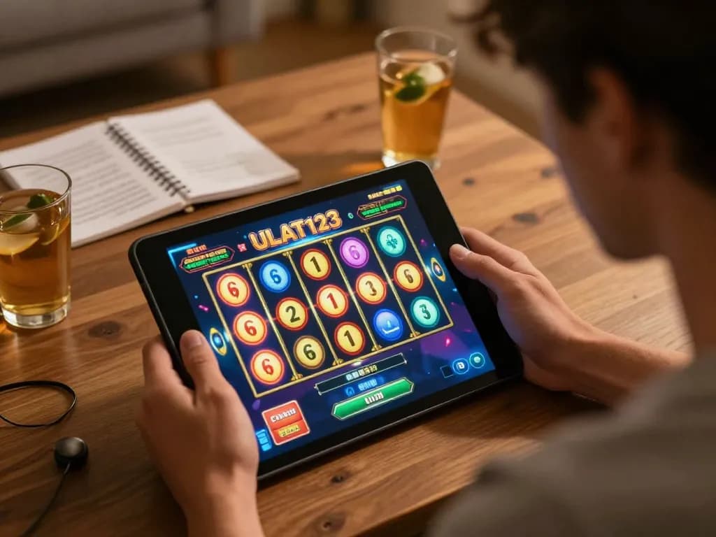 Pemain menikmati permainan slot Ulat123 di tablet dalam suasana rumah yang nyaman, menunjukkan permainan yang strategis.