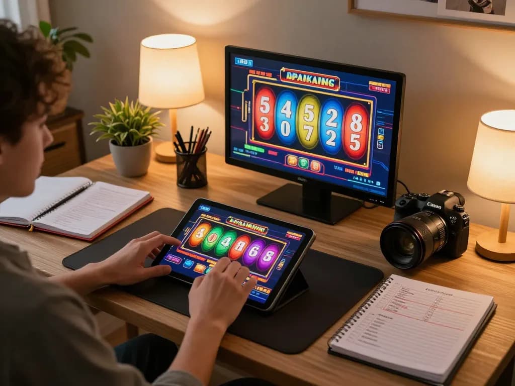 Player engaged in slots at home via https://webnk88.net/ with colorful tablet display and betting notes nearby.