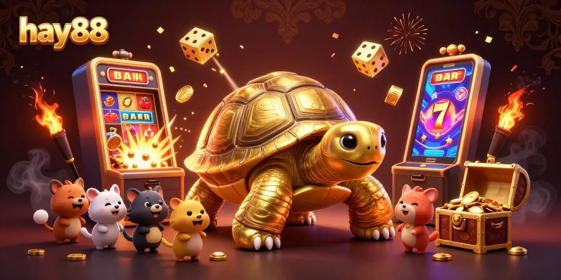 Join the fun at hay88, a vibrant casino scene with a golden tortoise and jackpot excitement!
