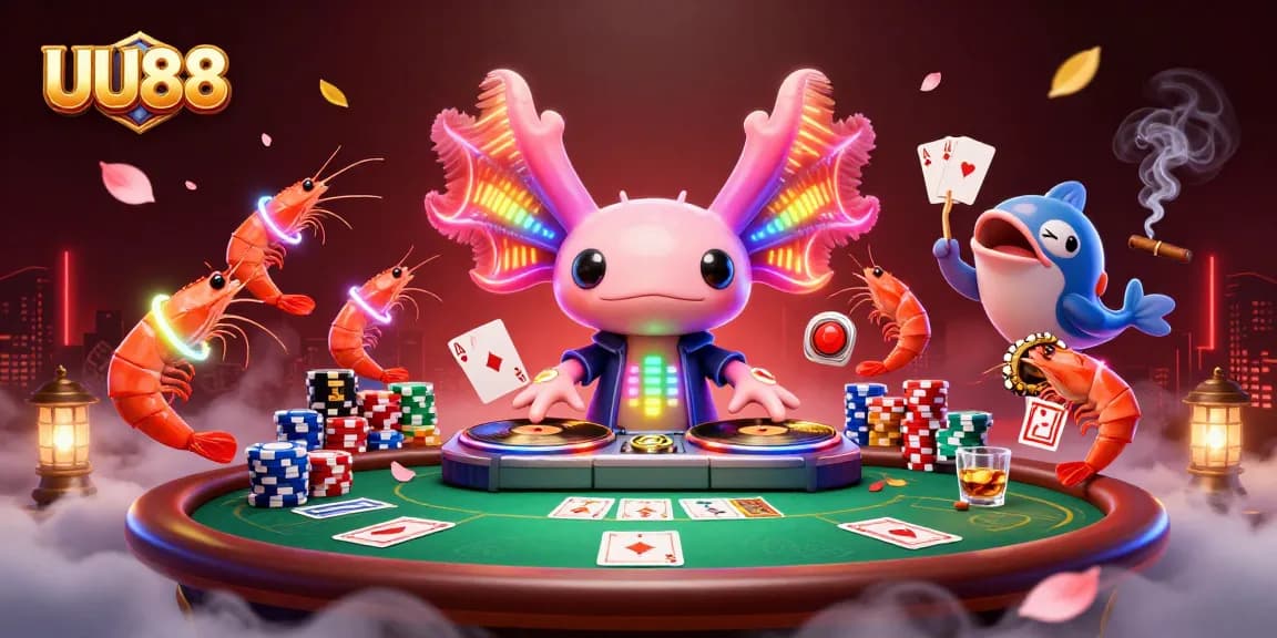 Engage with UU88 as the axolotl DJ spins records at an exciting poker table surrounded by colorful game elements.