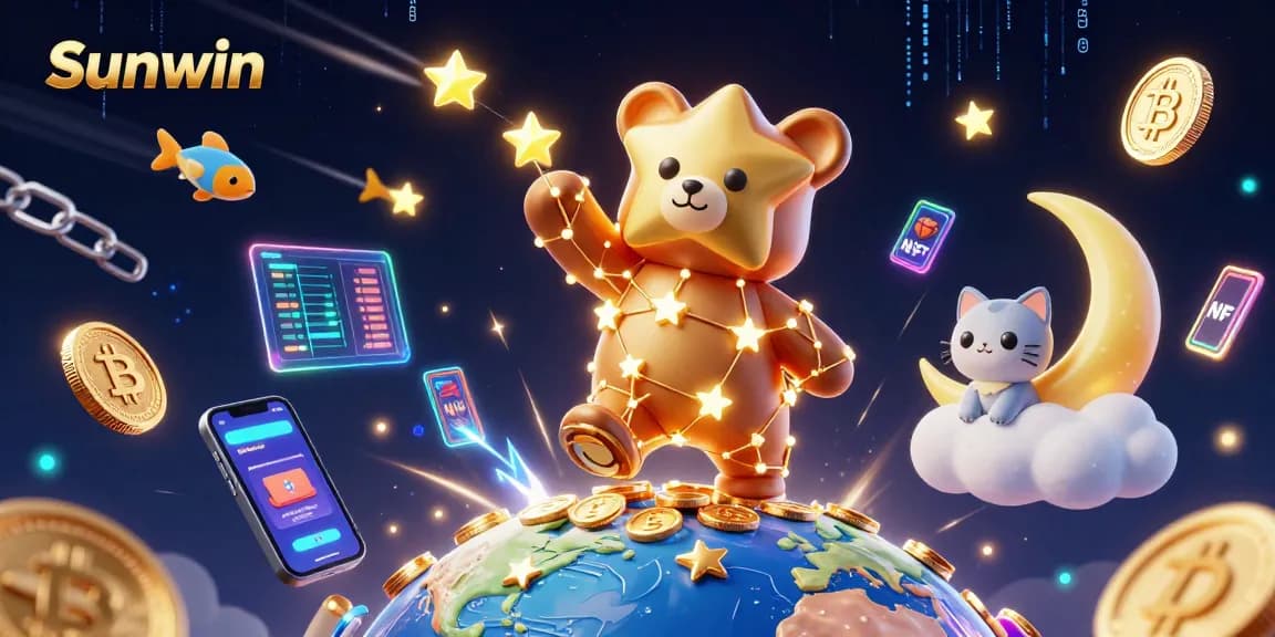 Sunwin showcases vibrant cartoon characters reaching for coins in a dynamic gambling-themed scene.