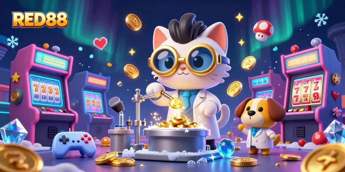 Engage with RED88's energetic casino adventure scene featuring mad scientist cat and dog amidst slot game elements.