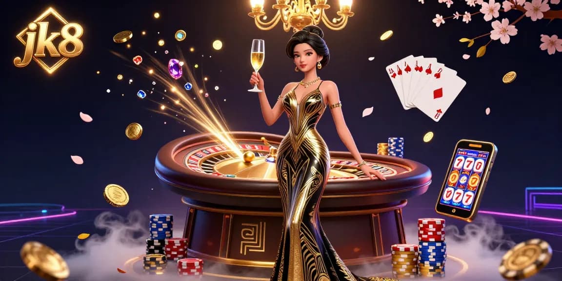 Experience the excitement of jk8 in a dynamic casino scene filled with golden coins and a spinning roulette wheel.