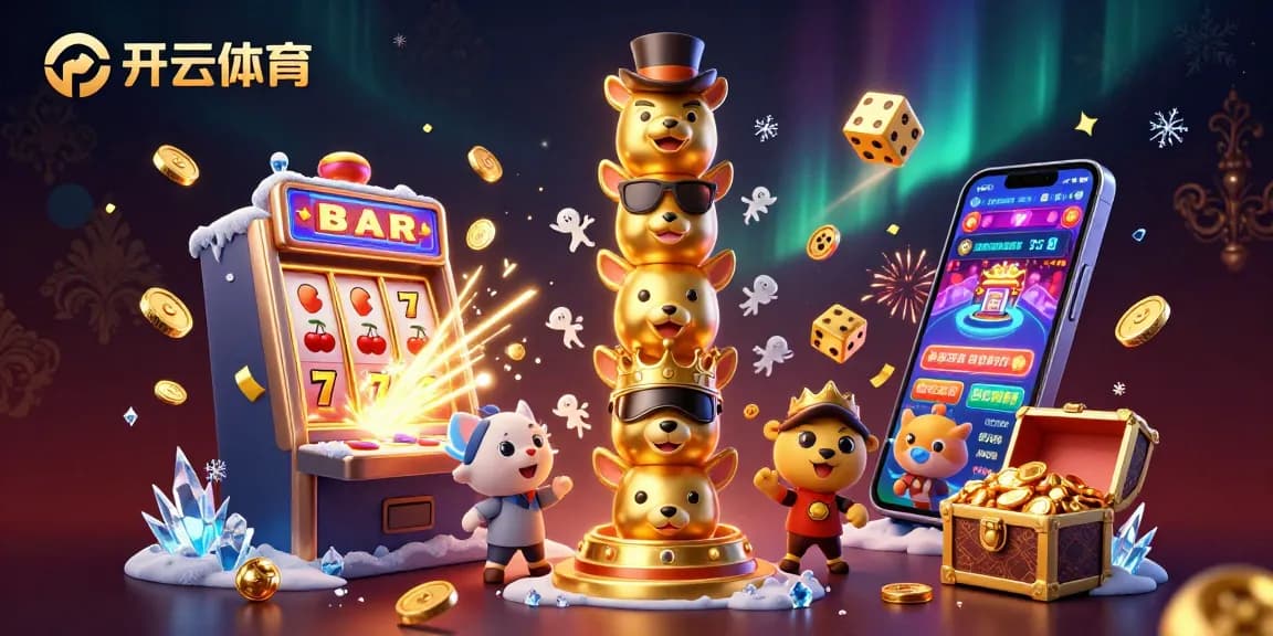 Explore exciting gaming elements with 开云体育 in a vibrant 3D casino scene illustrating jackpot wins and gaming fun.