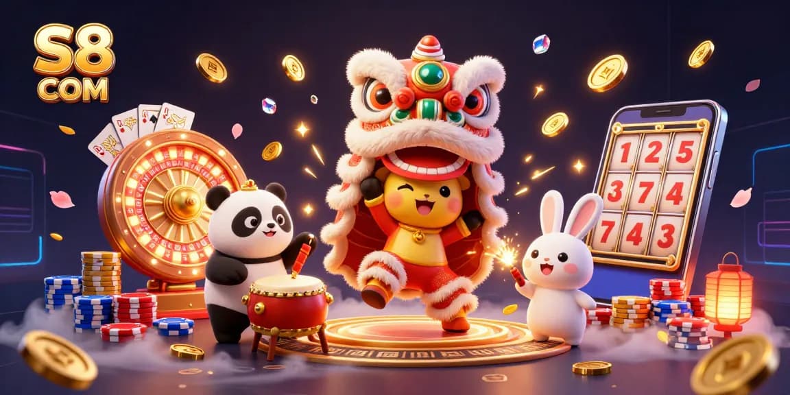 Experience thrilling wins at S8 COM with lively casino action featuring a colorful lion dance and dynamic gaming elements.