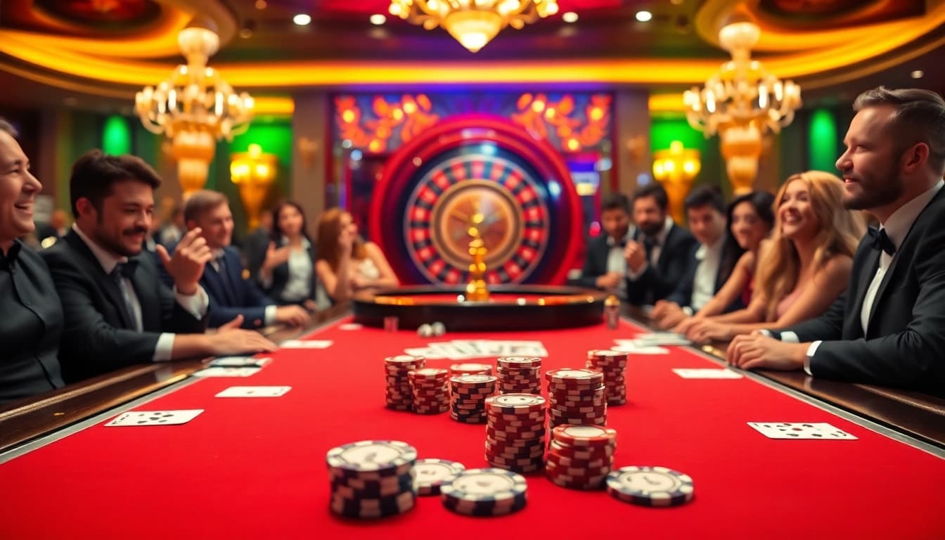 Experience the excitement of game bài đổi thưởng uy tín with vibrant casino scenes and high-stakes poker.