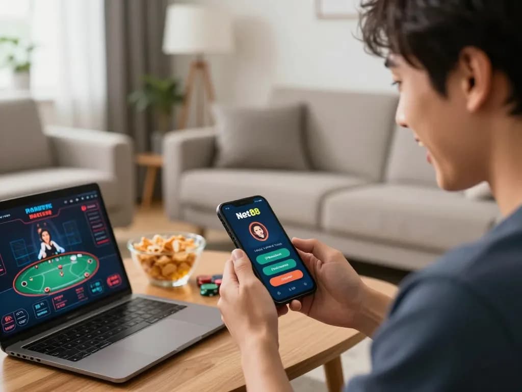 Player using the net88 app for online gaming on a smartphone amidst a cozy home environment.