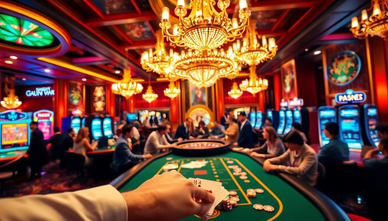 A thrilling scene at Trang chủ ok8386 casino featuring players at a poker table, vibrant roulette wheel, and slot machines.