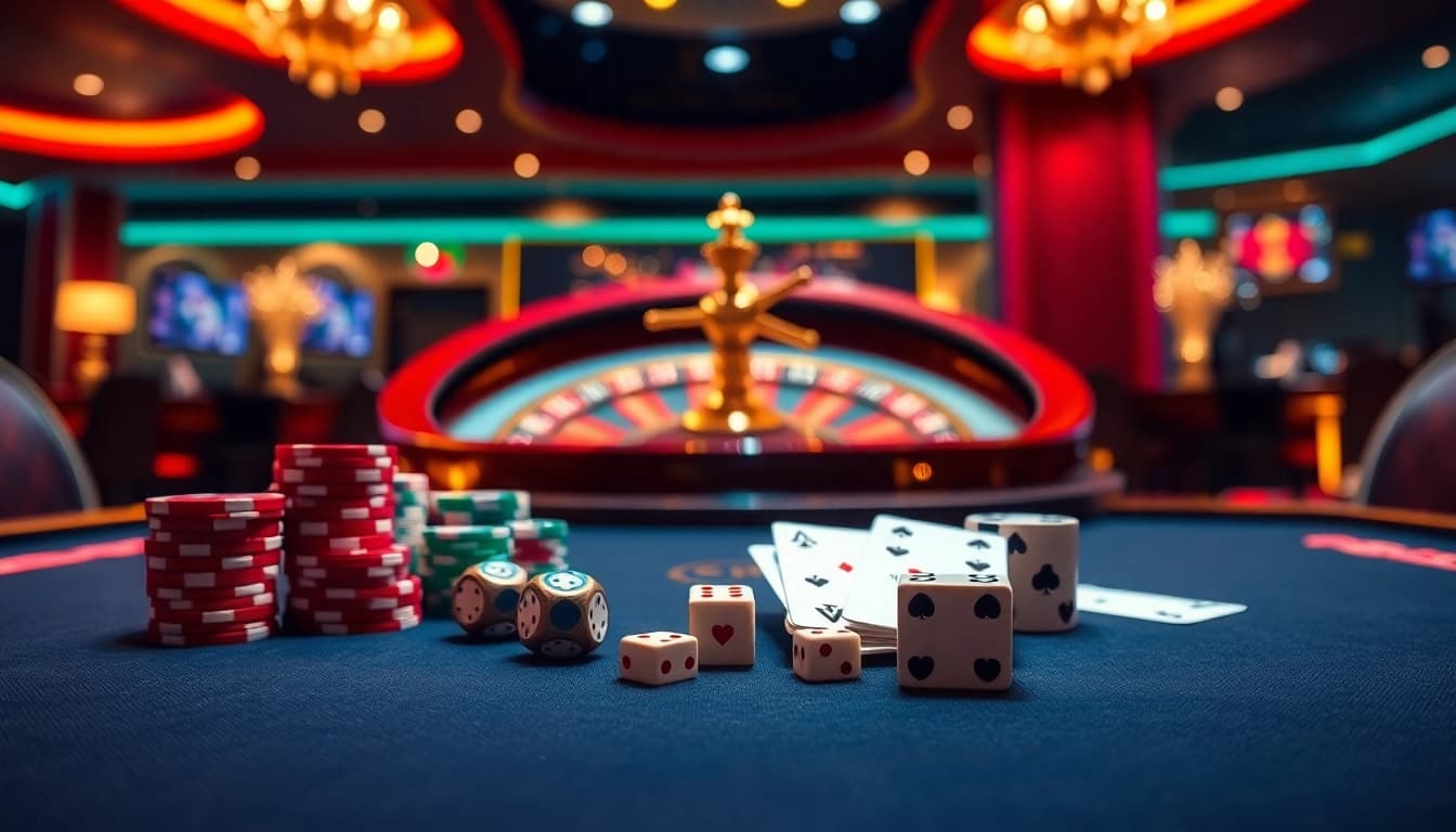 Xocdia88 casino table with poker chips and cards, showcasing an exciting gaming atmosphere