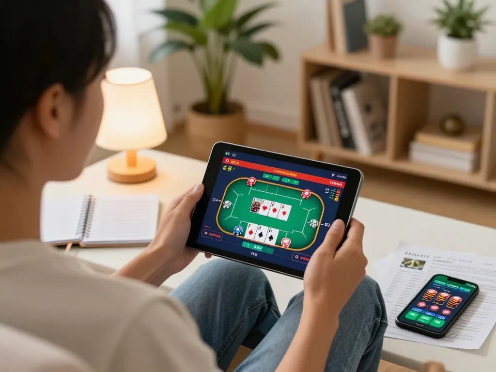 Engaging online casino gaming scenario with a person playing poker on their tablet, showcasing transcrime insights.