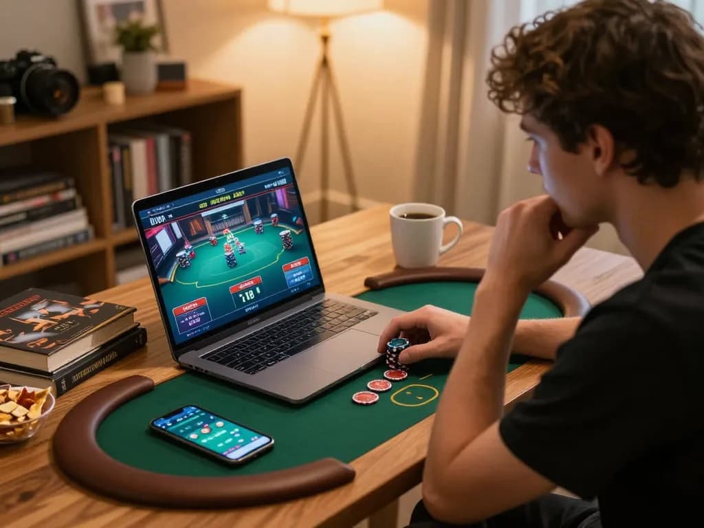 Player strategizing on luck88com during a focused online poker game at home
