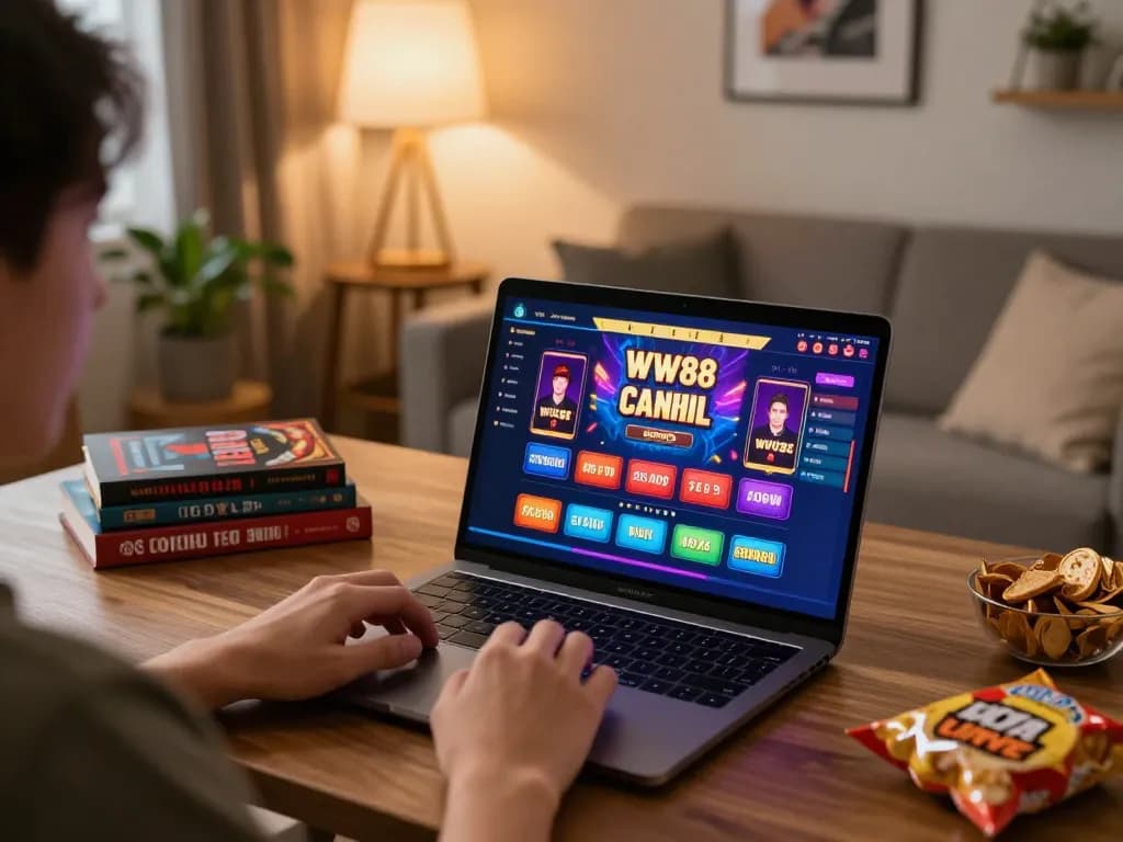 Engaged player enjoying WW88 games on a laptop in a cozy home setting, showcasing a responsible gaming atmosphere.