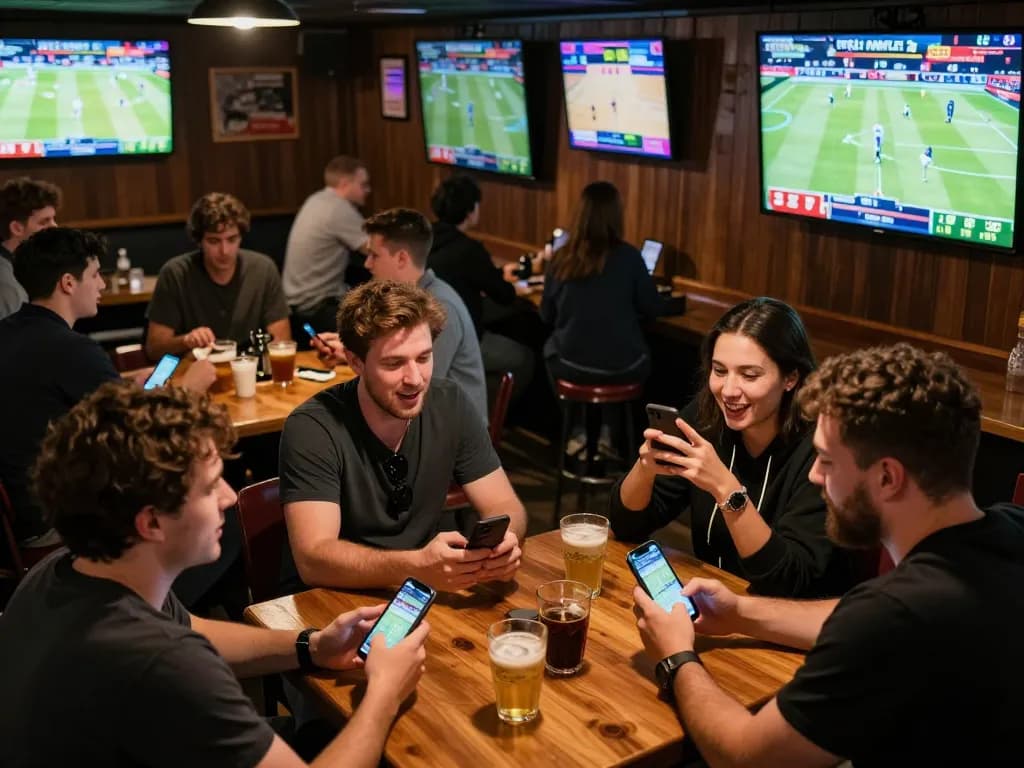 Sri keo nha cai: Excited sports bettors placing wagers at a vibrant sports bar.