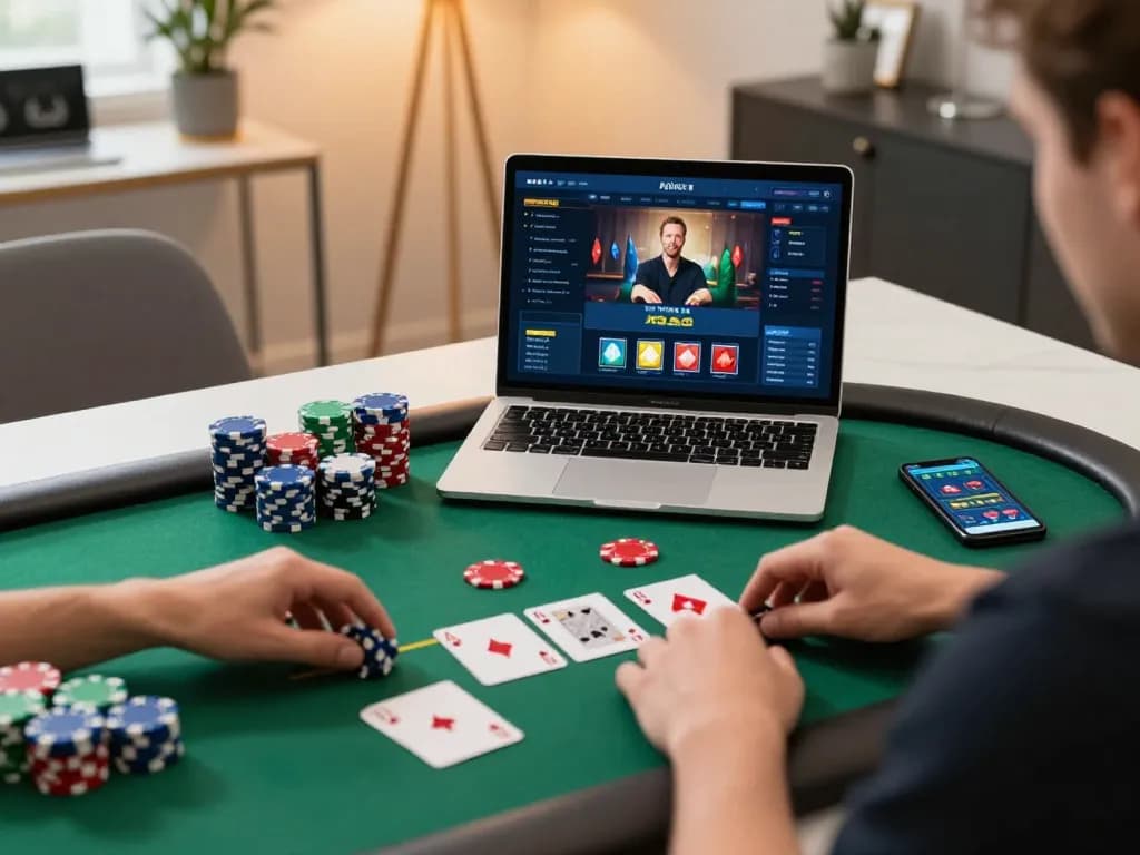 Engaged player using 79KING for strategic online poker gameplay at home, showing dynamic gaming environment.