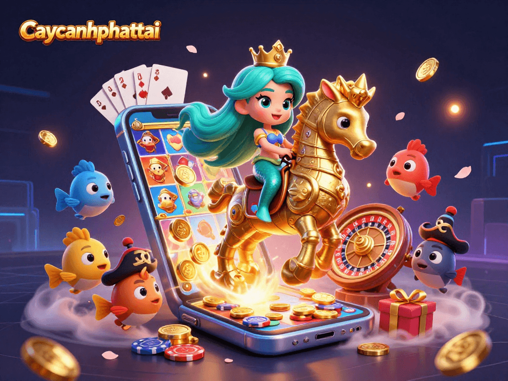 Engage players with the vibrant 3D scene of caycanhphattai featuring a mermaid princess and golden gaming elements.