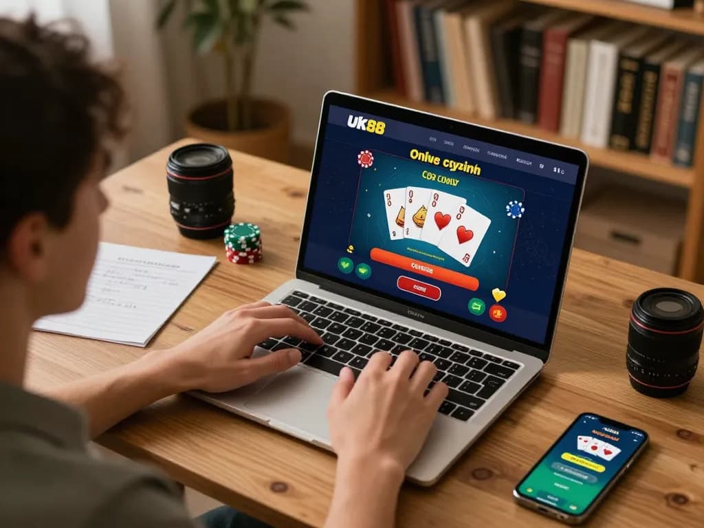Player engages with uk88 online casino on laptop, showcasing strategic betting actions.