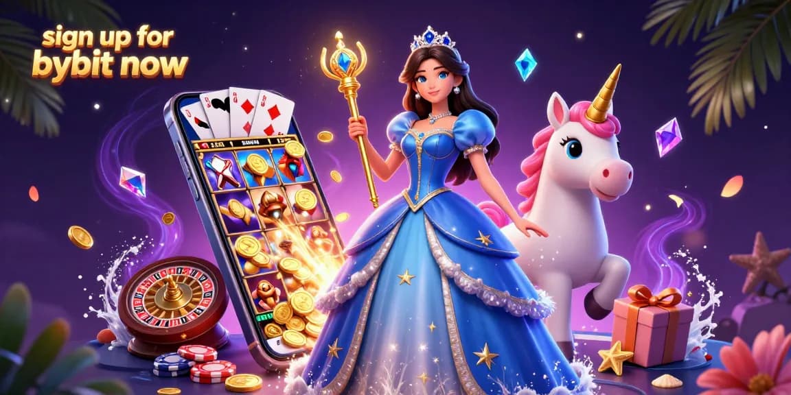 Sign up for Bybit now and embark on your crypto journey with a vibrant casino-themed illustration.